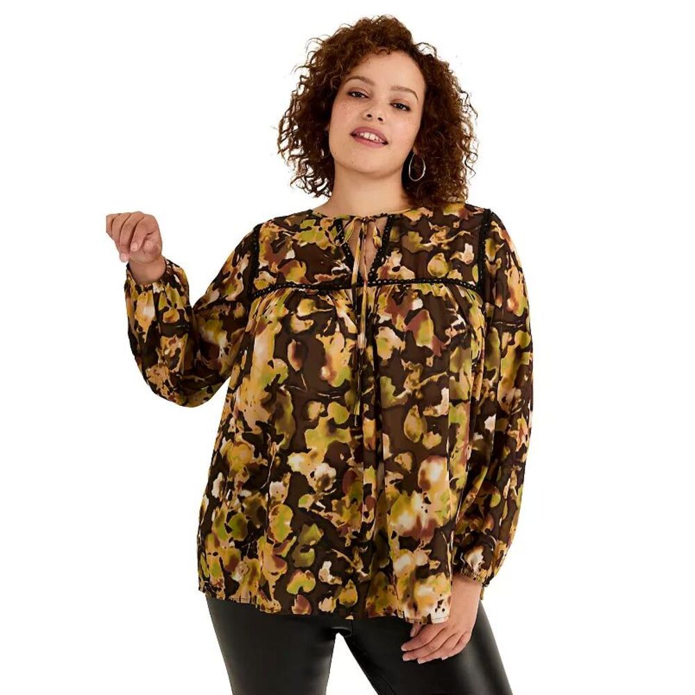 June + Vie Women's Plus Size 3X Lace Trim Blouse Boho Peasant Sheer